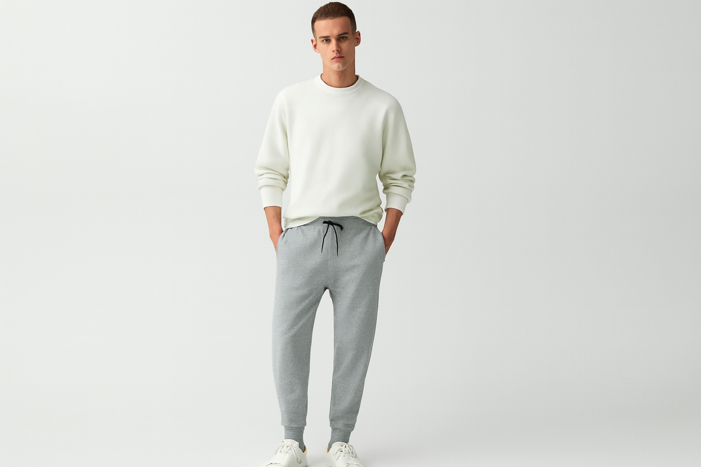 Caucasian model in melange grey joggers with white top