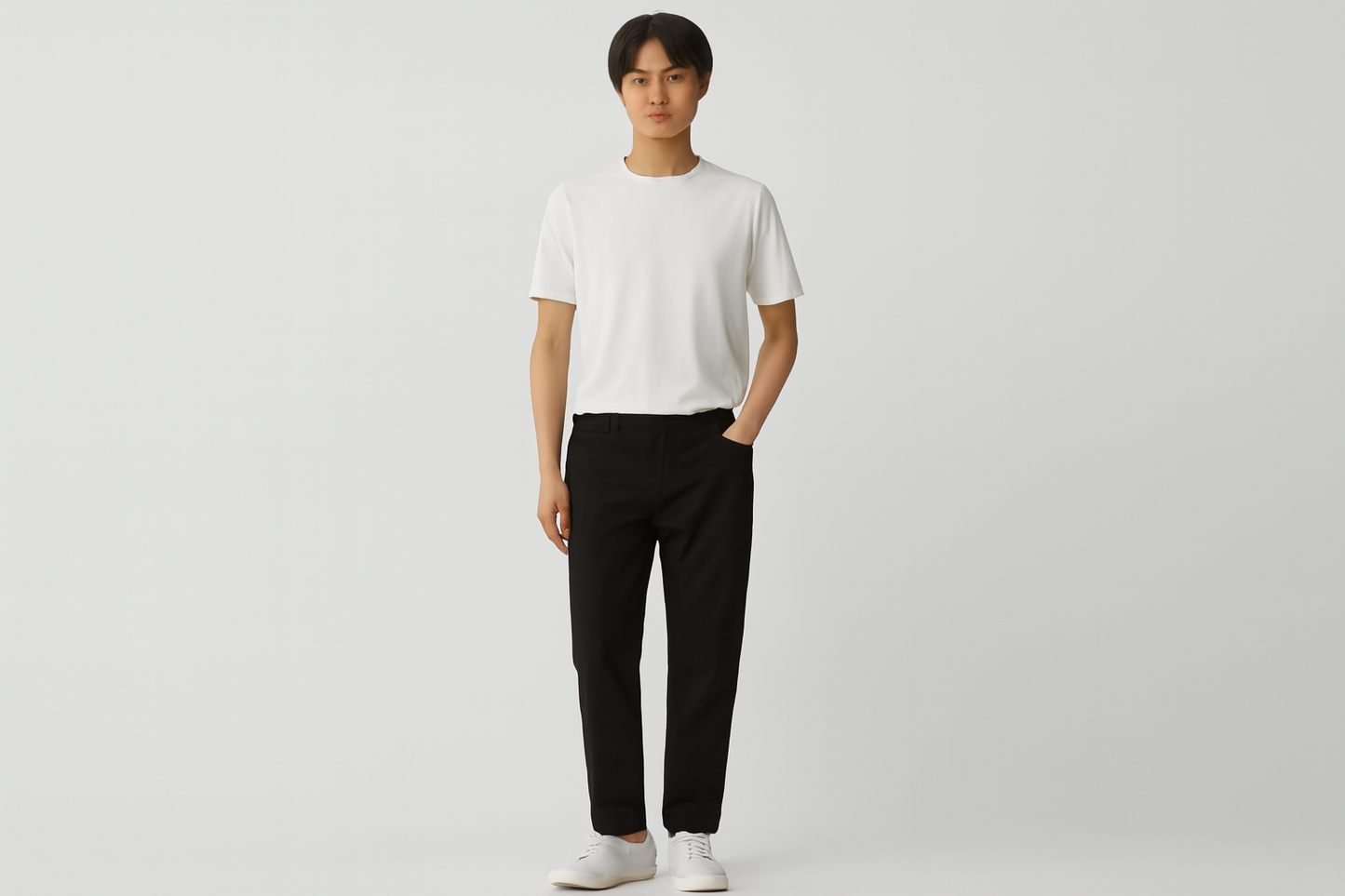 Generated image of Japanese male model in white t-shirt and black pants