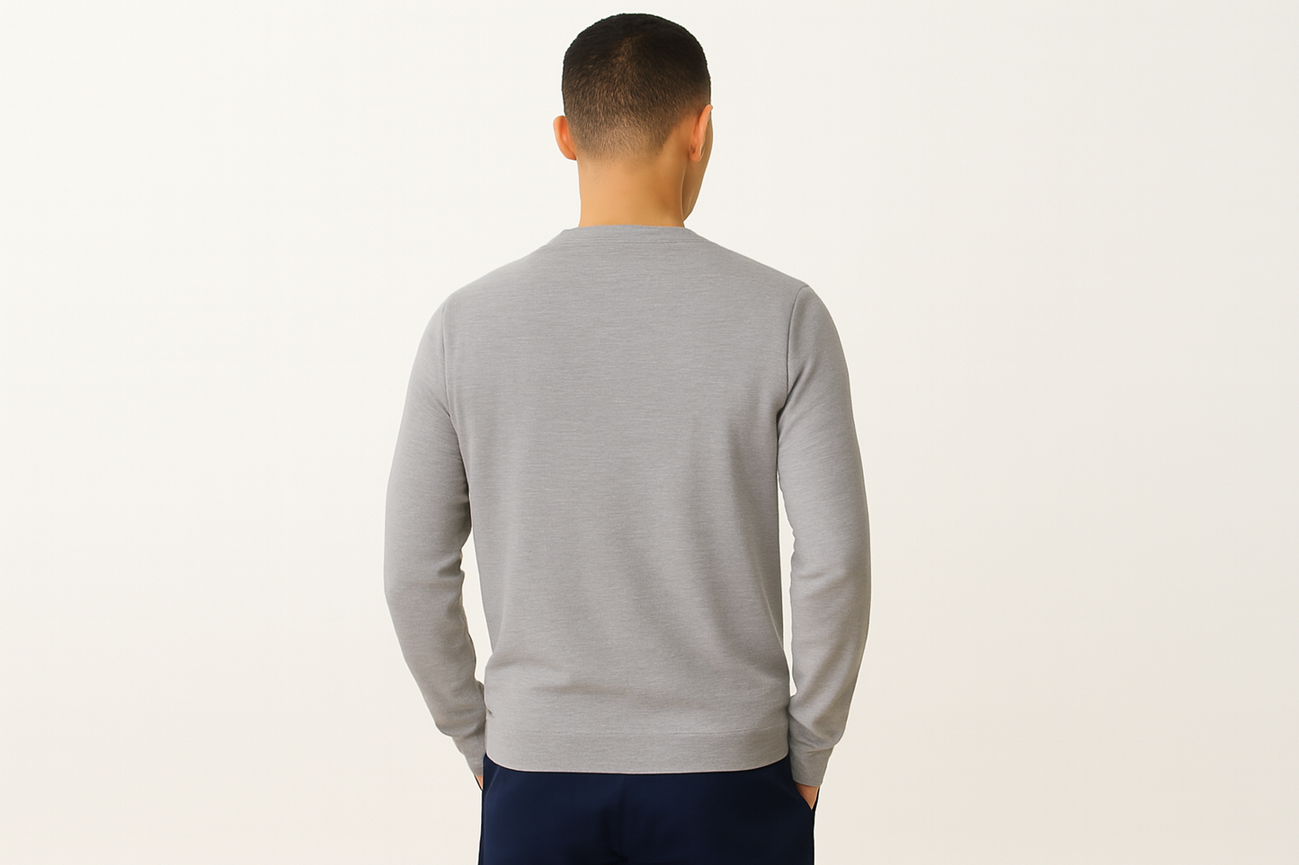 Same Asian model back view in grey crewneck sweater
