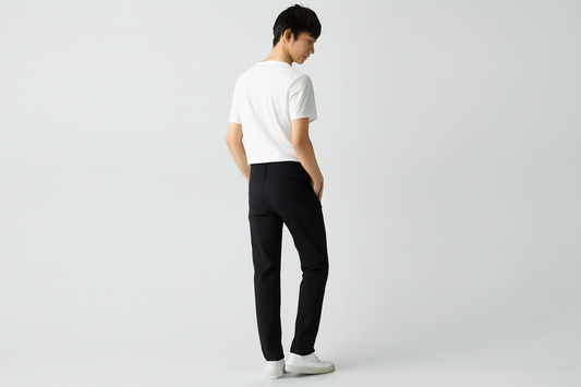 Clean image of Japanese male model in white t-shirt and black pants without navigation arrows