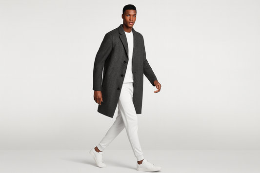 Model in white outfit with charcoal blazer