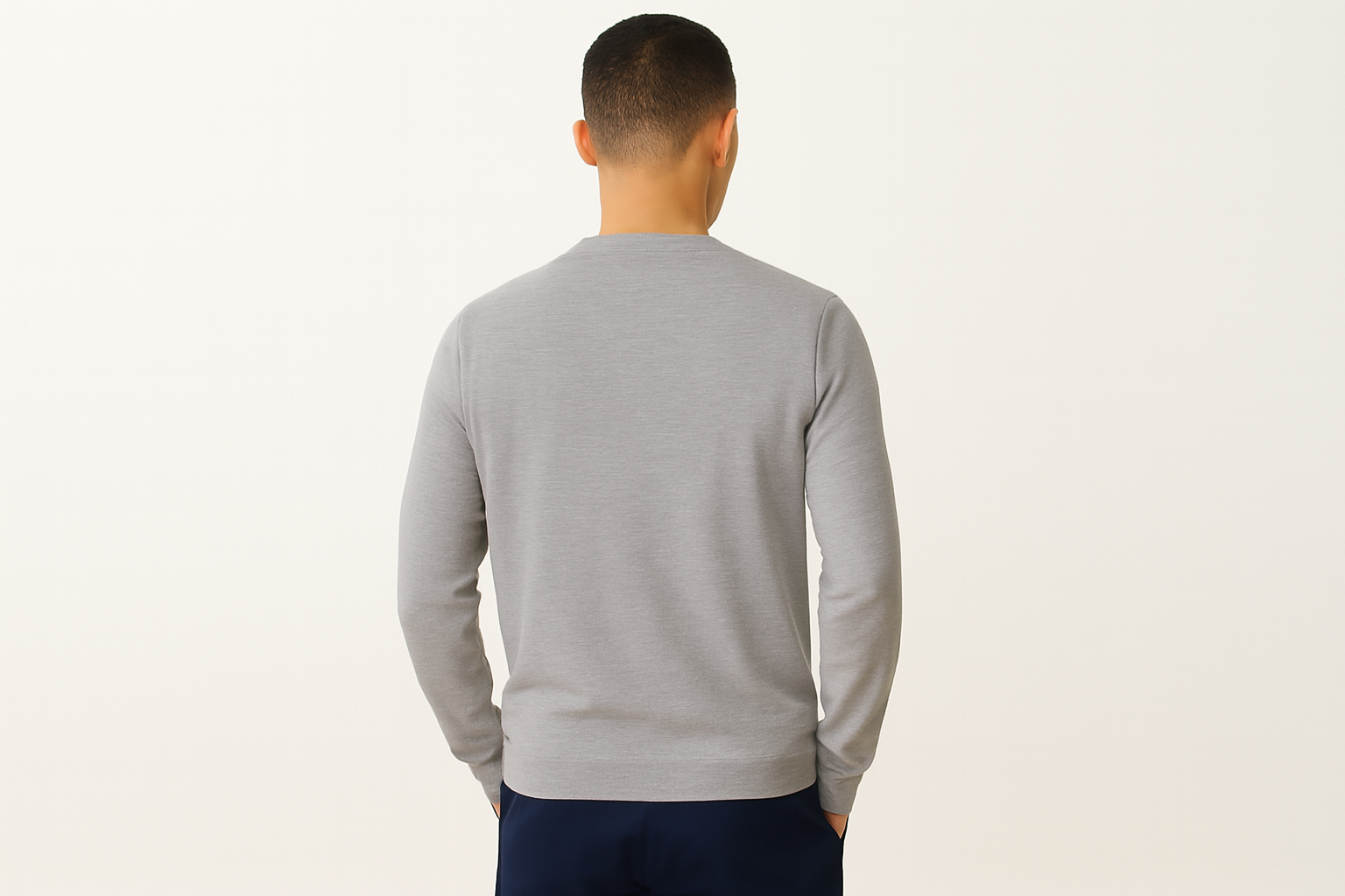 Same Asian model back view in grey crewneck sweater
